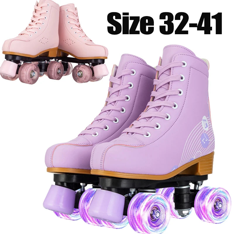 Pink Purple Blue Women Double Row Roller Skates Leather Breathable 4 wheel Sliding Skating Rollers sneakers size 31 32 33 34 35