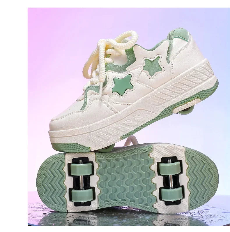 Removable Pulley Skate Skating Roller Skate Shoes for Boys Girls Upgraded Speed Sneakers with 4-Wheels for Kids Racing Skates