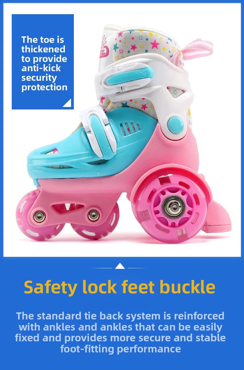 Flash Double Row Roller Skates Shoes Children's Speed Ice Skates Beginner 4-wheel Roller Skates Adjustable Size Rollers for Kids
