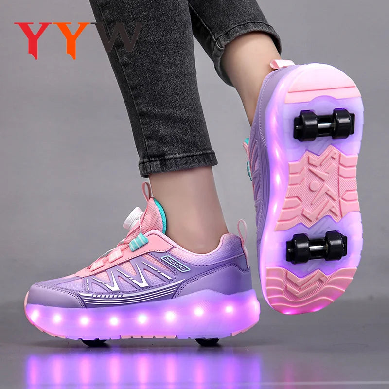 LED Lights Kids Roller Skate Shoes Detachable Boys Girls With 4 Wheels Running Deformation Adults Casual Parkour Skating Shoes