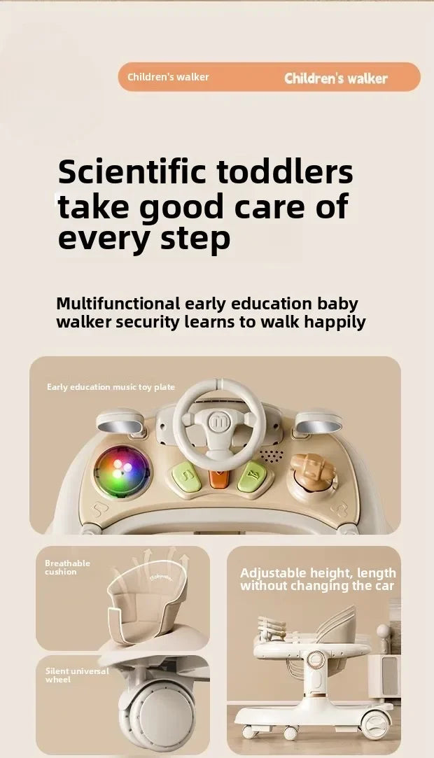 New 4-in-1 Multifunctional Baby Walker Anti-Bow Legs Anti-Tip Design 360° Swivel Silent Wheels Suitable 6-18 Months Solid Color