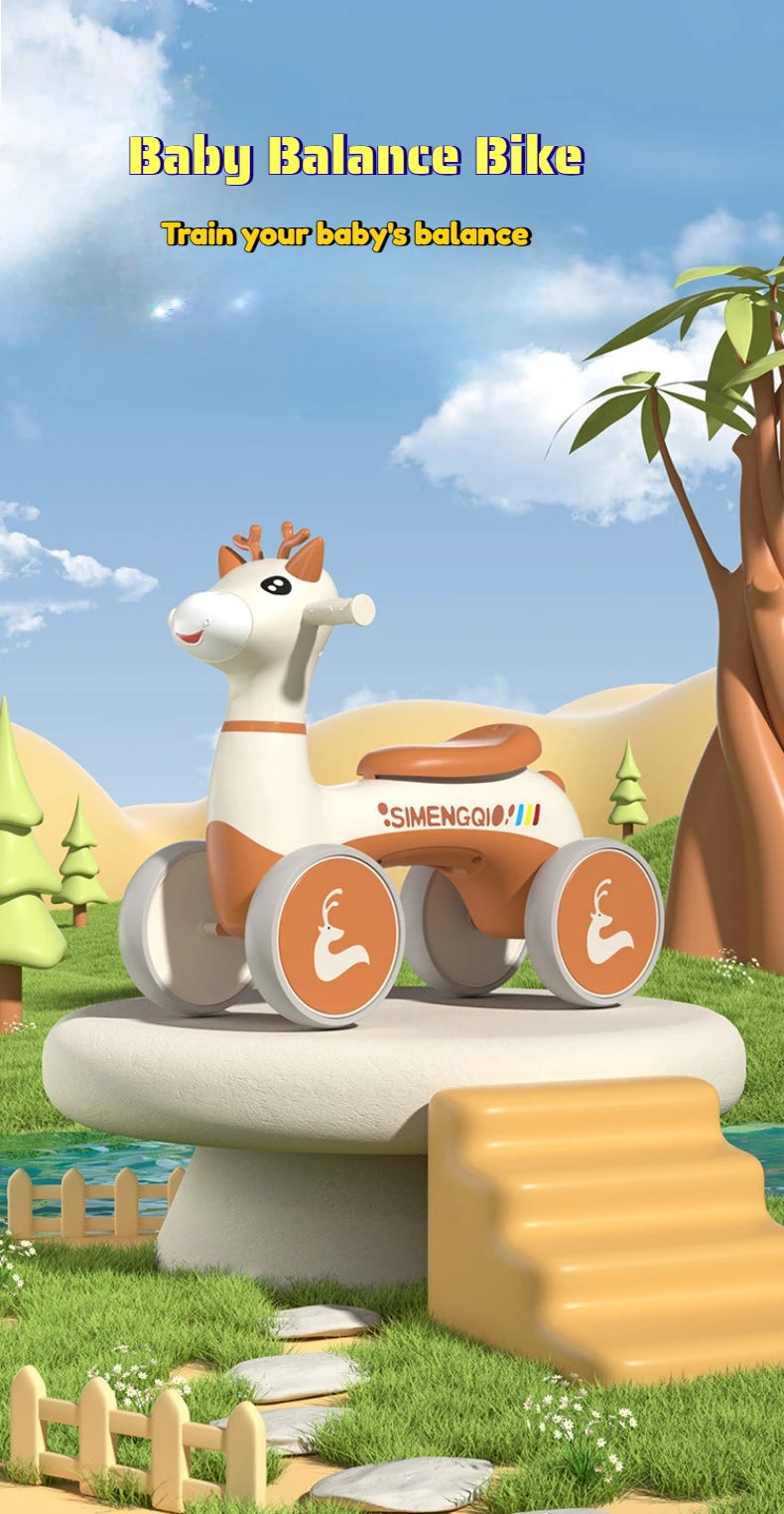 Four Wheels Children Balance Bike with Music Lights Infant Baby Walker Toddler First Bicycle Ride on Toy Gifts for Kids Aged 1-3