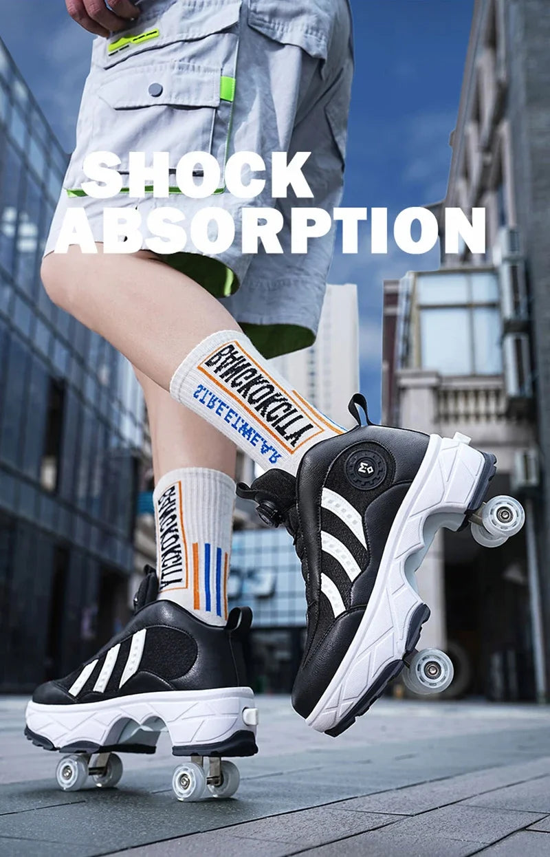 Double Row 4-Wheel Skates Roller Shoes with Wheels Dual-Purpose Racing Roller Sneakers Skateboard Shoes Speed Roller Skate Shoes