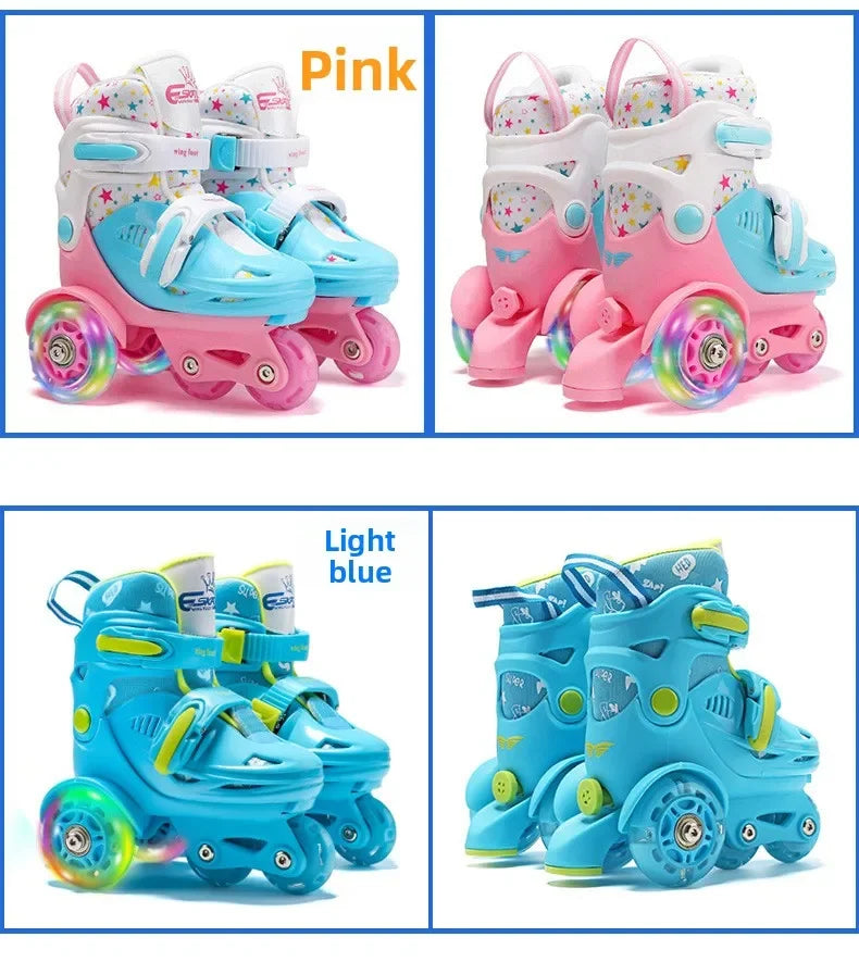 Flash Double Row Roller Skates Shoes Children's Speed Ice Skates Beginner 4-wheel Roller Skates Adjustable Size Rollers for Kids