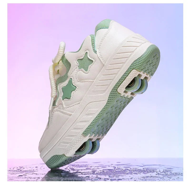 Removable Pulley Skate Skating Roller Skate Shoes for Boys Girls Upgraded Speed Sneakers with 4-Wheels for Kids Racing Skates