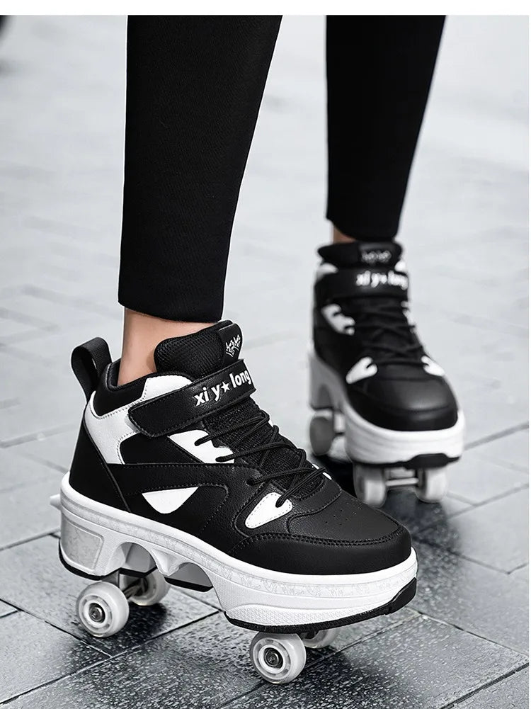 Women's High Top 4 Wheel Roller Shoes Fashionable Unisex Automatic Pop-up Sneakers With Wheels Dual-purpose Skating Casual Shoes