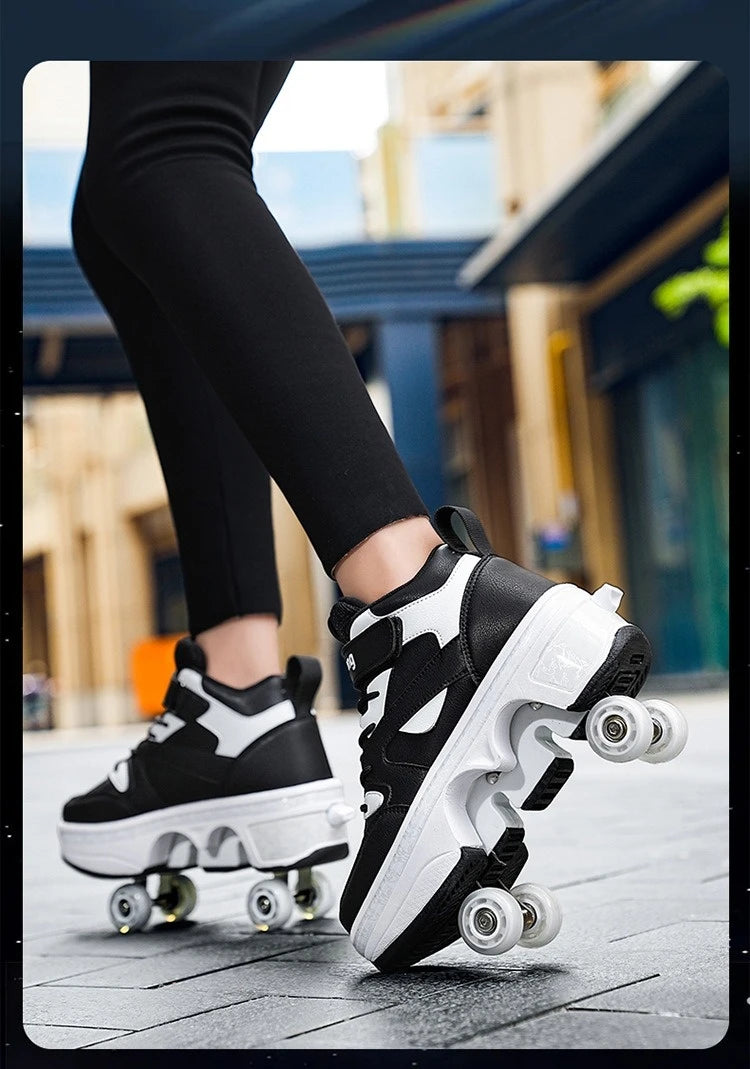 Women's High Top 4 Wheel Roller Shoes Fashionable Unisex Automatic Pop-up Sneakers With Wheels Dual-purpose Skating Casual Shoes
