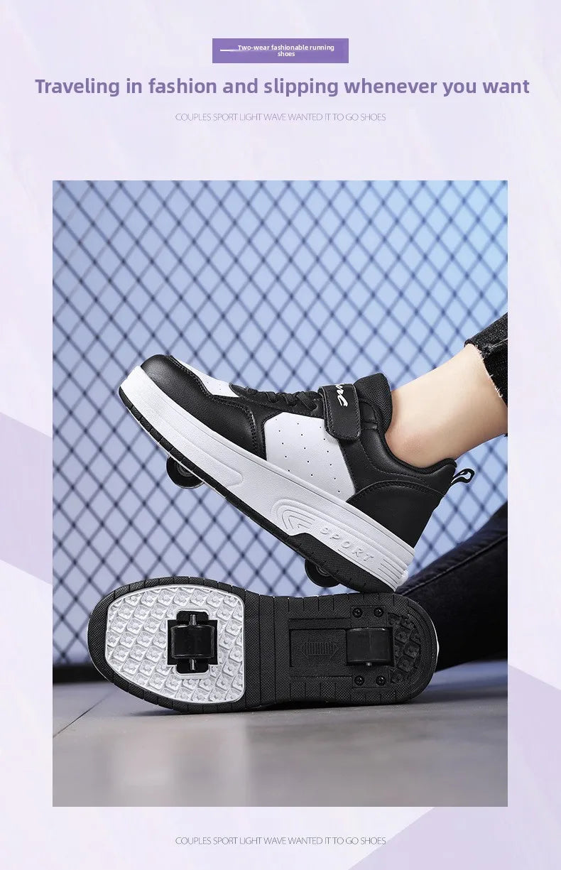 Magic Roller Skates Dual Wheel Slip-on Roller Skating Shoes 2024 New Spring Autumn Leather Surface Sports Shoes For Women Kids