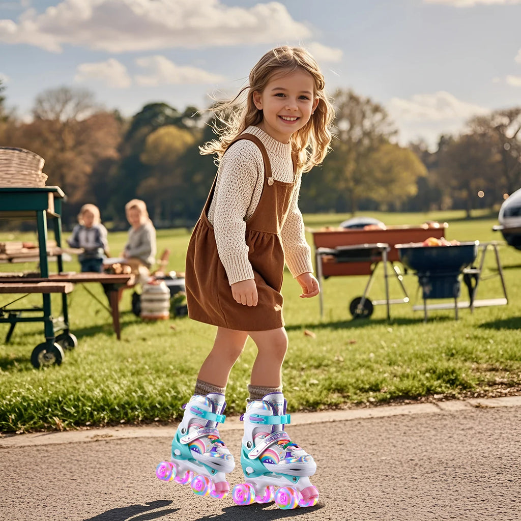 Boys Girls Kids Skates Children Roller Skates Skating Shoes PU Flashing 4 Wheels Roller Skates Sliding Adjustable Quad Sneakers