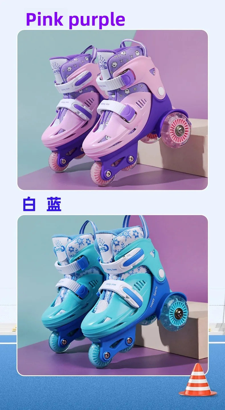 Flash Double Row Roller Skates Shoes Children's Speed Ice Skates Beginner 4-wheel Roller Skates Adjustable Size Rollers for Kids