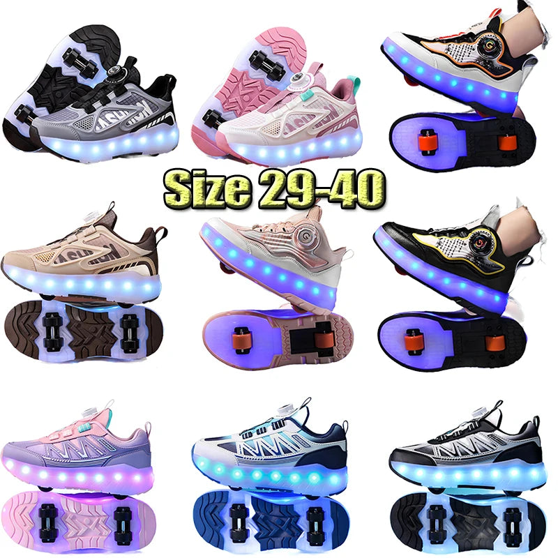 LED Lights Kids Roller Skate Shoes Detachable Boys Girls With 4 Wheels Running Deformation Adults Casual Parkour Skating Shoes