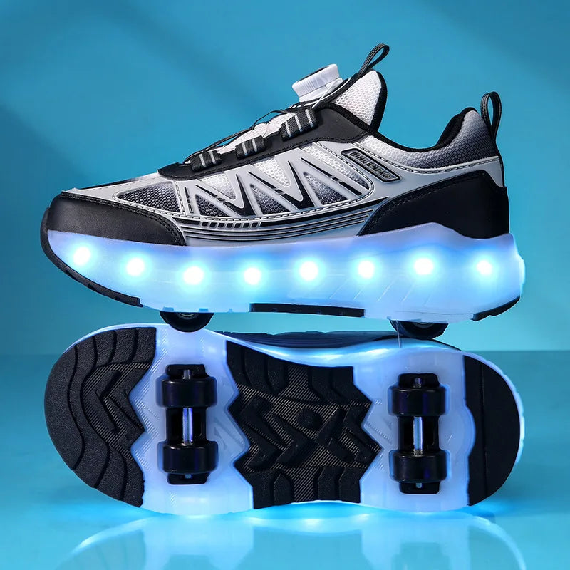 LED Lights Kids Roller Skate Shoes Detachable Boys Girls With 4 Wheels Running Deformation Adults Casual Parkour Skating Shoes