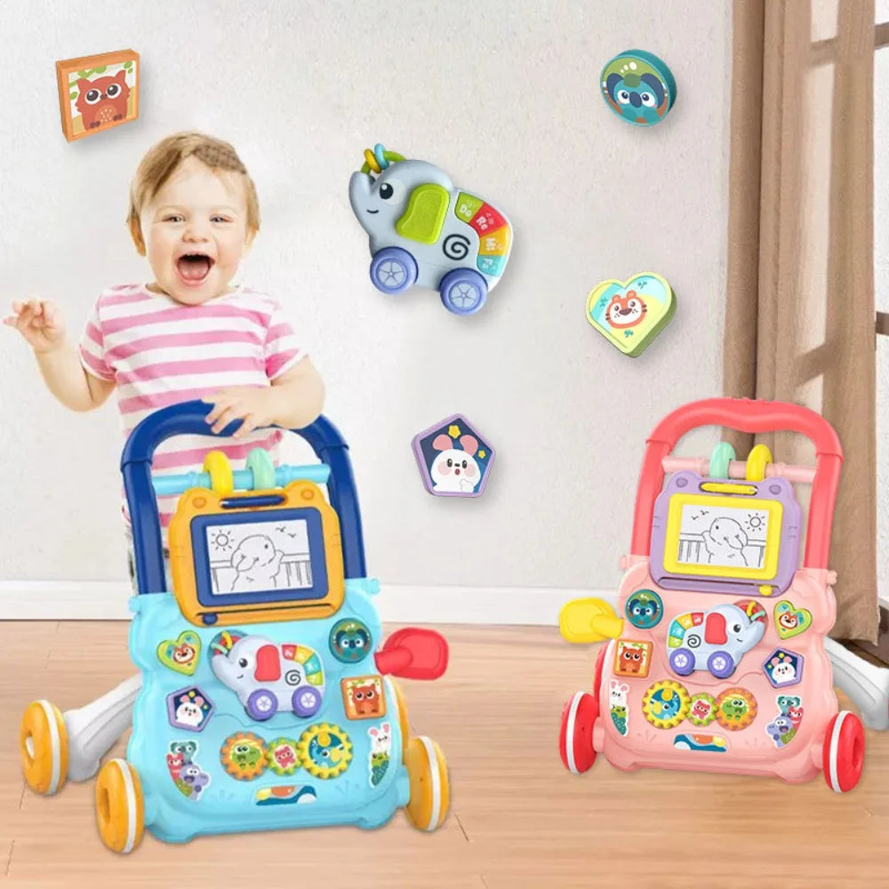 New Music Baby Walker with Drawing Board Standing Toddler Trolley Walking Practice AntiRollover Baby Stroller Toy Children