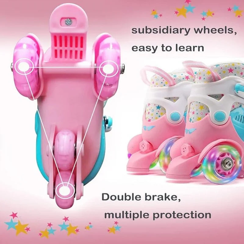 Flash Double Row Roller Skates Shoes Children's Speed Ice Skates Beginner 4-wheel Roller Skates Adjustable Size Rollers for Kids