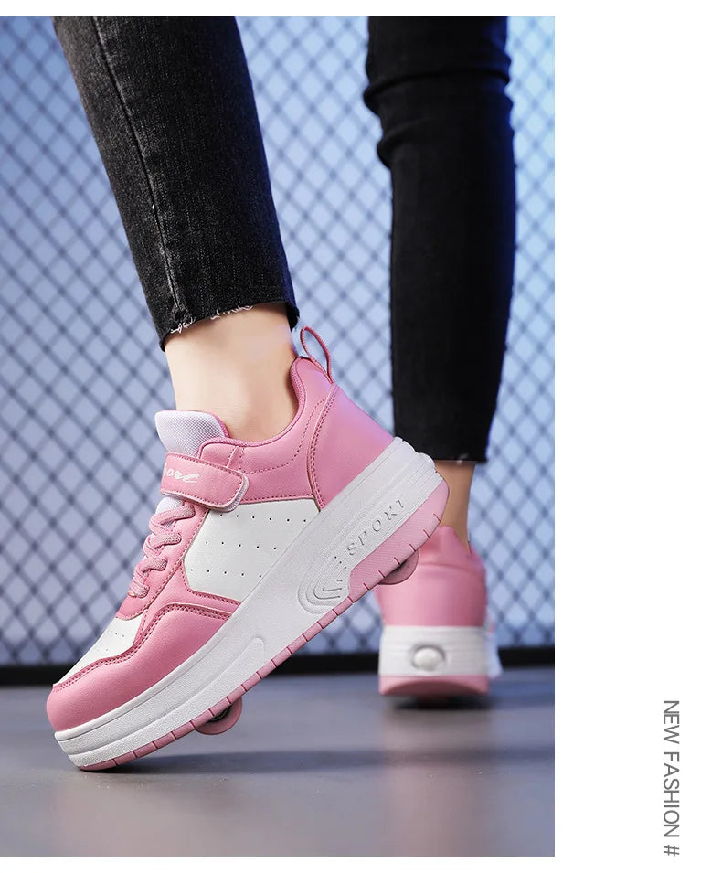 Magic Roller Skates Dual Wheel Slip-on Roller Skating Shoes 2024 New Spring Autumn Leather Surface Sports Shoes For Women Kids