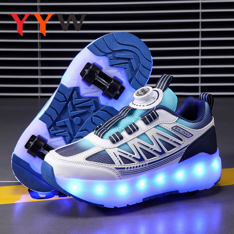 LED Lights Kids Roller Skate Shoes Detachable Boys Girls With 4 Wheels Running Deformation Adults Casual Parkour Skating Shoes