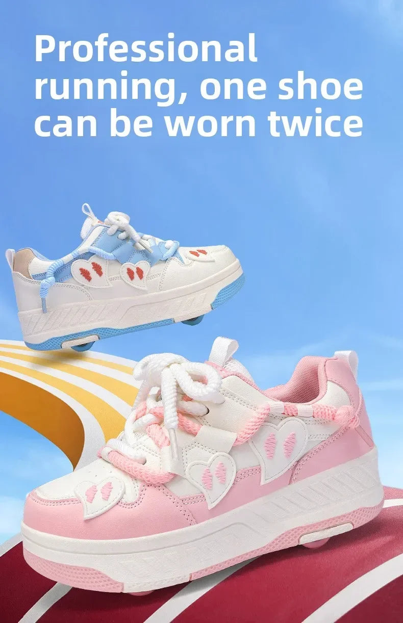 4 Wheels Roller Skate Shoes for Boys Girls Sneakers with Detachable Wheels Sport Shoe for Kids Removable Pulley Skate Skating