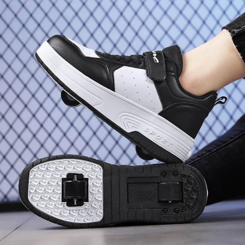 Magic Roller Skates Dual Wheel Slip-on Roller Skating Shoes 2024 New Spring Autumn Leather Surface Sports Shoes For Women Kids