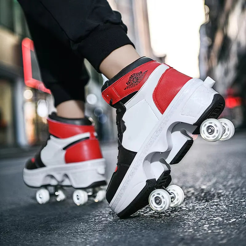 Double Row 4-Wheel Skates Roller Shoes with Wheels Dual-Purpose Racing Roller Sneakers Skateboard Shoes Speed Roller Skate Shoes