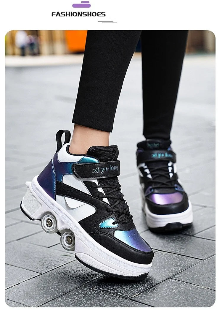 Women's High Top 4 Wheel Roller Shoes Fashionable Unisex Automatic Pop-up Sneakers With Wheels Dual-purpose Skating Casual Shoes