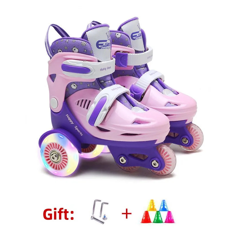 Flash Double Row Roller Skates Shoes Children's Speed Ice Skates Beginner 4-wheel Roller Skates Adjustable Size Rollers for Kids