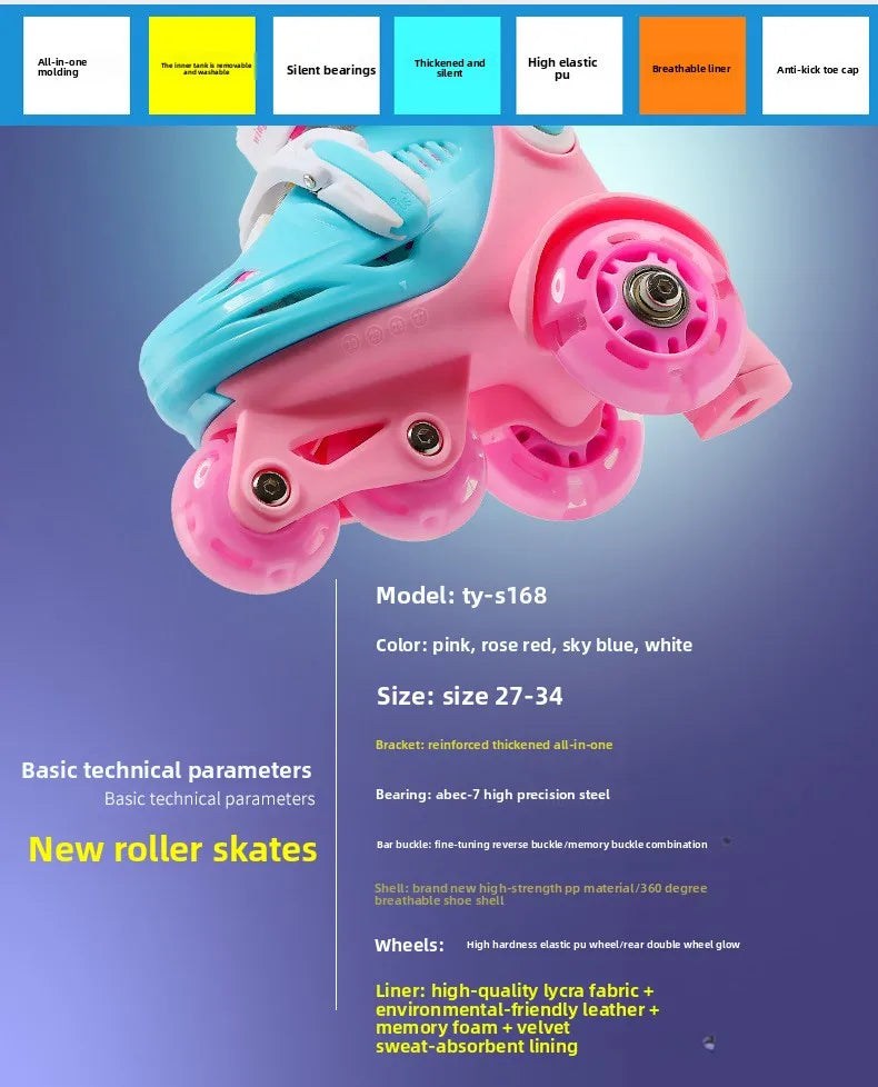 Flash Double Row Roller Skates Shoes Children's Speed Ice Skates Beginner 4-wheel Roller Skates Adjustable Size Rollers for Kids