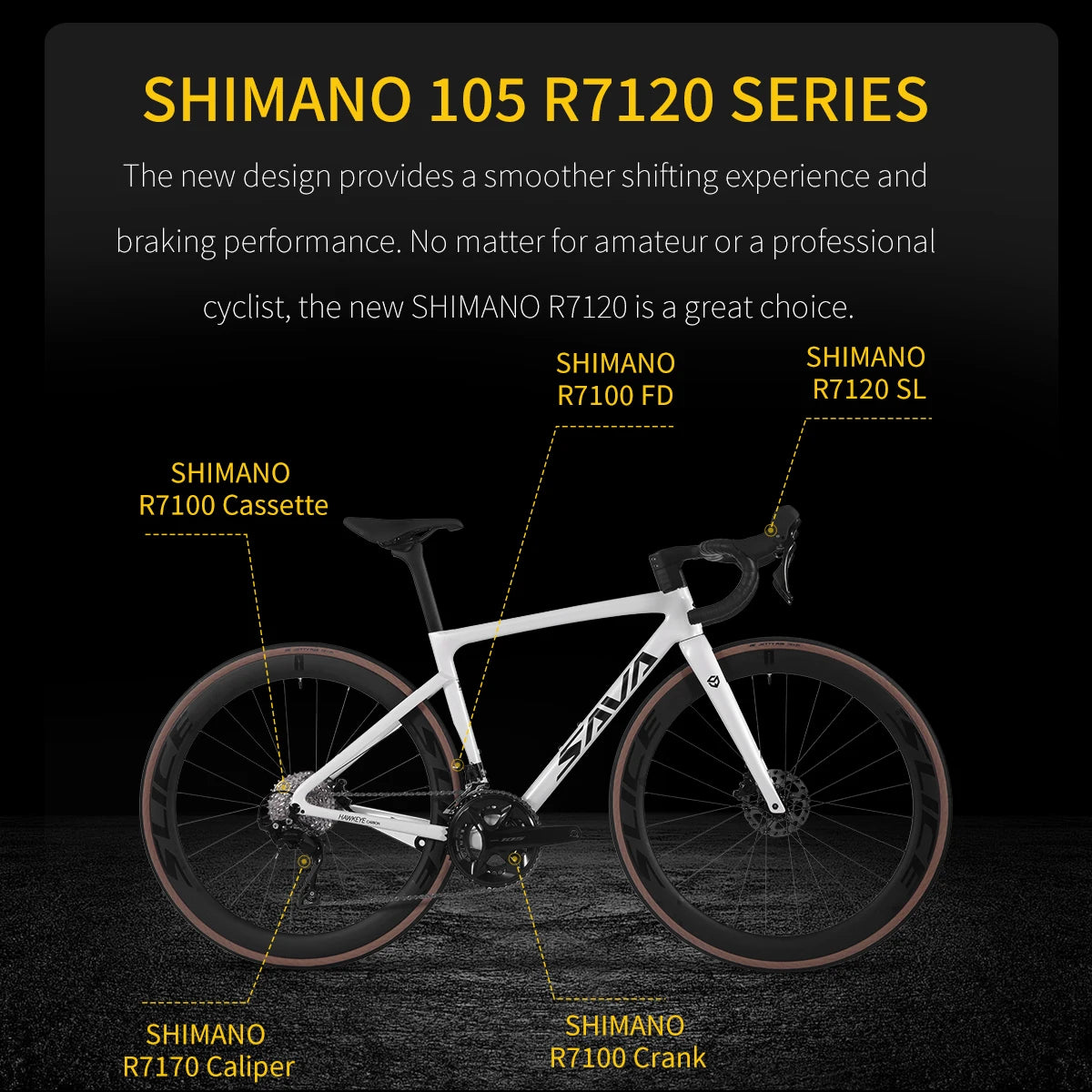 SAVA F20 Carbon Fiber Road Bike, Equipped with 105 R7120 24-Speed Groupset and Hydraulic Disc Brakes Adult Race Bike