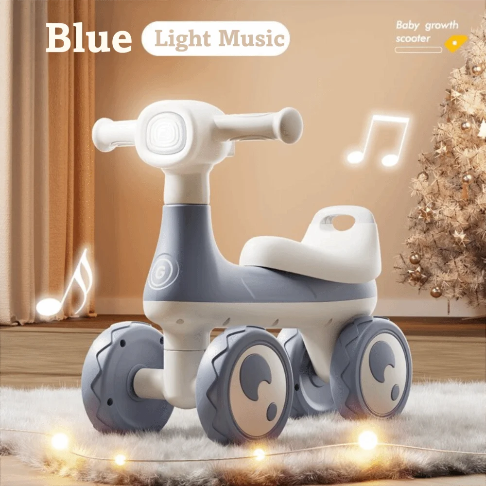 Cute 4 Wheels Baby Balance Bike with Music & Light Cartoon Mini Walker Balancing Sturdy Anti-slip Kids Scooter For 1-3 Years Old