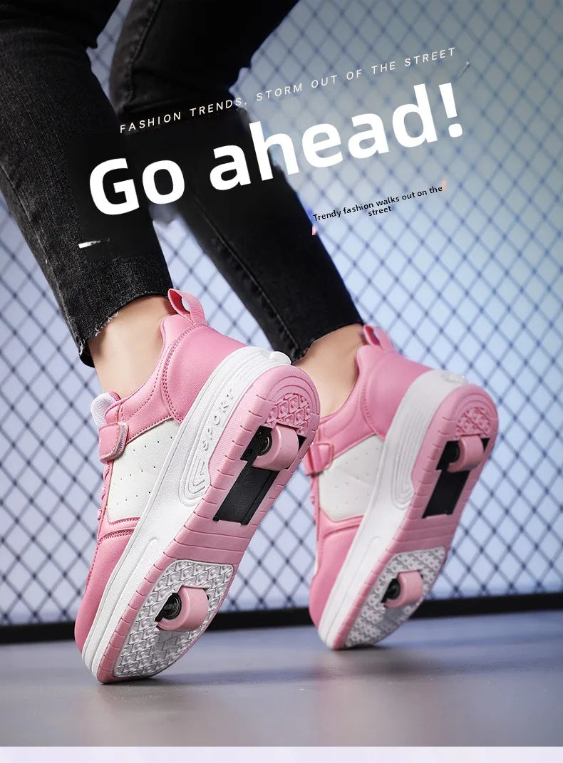 Magic Roller Skates Dual Wheel Slip-on Roller Skating Shoes 2024 New Spring Autumn Leather Surface Sports Shoes For Women Kids