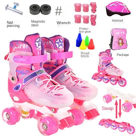 the Skating Shoes Children Beginners Baby Double Row Four-Wheel Boys Girls Roller Kids Skates