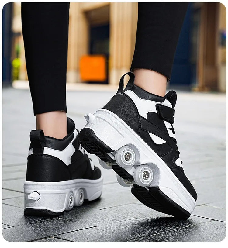 Women's High Top 4 Wheel Roller Shoes Fashionable Unisex Automatic Pop-up Sneakers With Wheels Dual-purpose Skating Casual Shoes