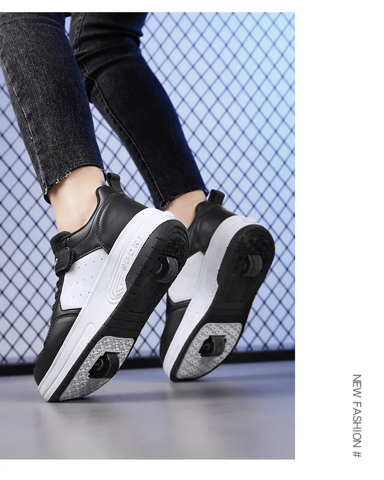 Magic Roller Skates Dual Wheel Slip-on Roller Skating Shoes 2024 New Spring Autumn Leather Surface Sports Shoes For Women Kids