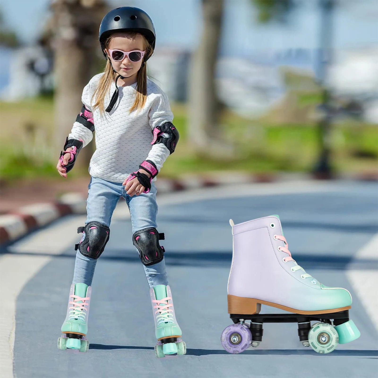 size 32 -41 Leather Double Row Roller Skates Inline Skate Shoes 4 Wheels Sneakers Women Men Adults Outdoor Sports Ice Skating