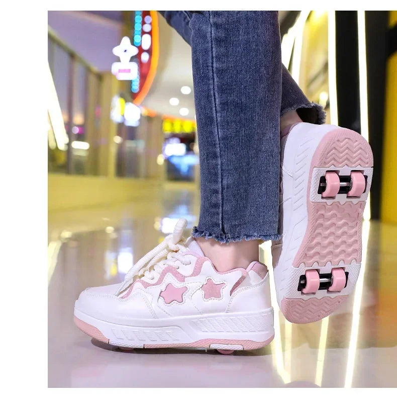 Removable Pulley Skate Skating Roller Skate Shoes for Boys Girls Upgraded Speed Sneakers with 4-Wheels for Kids Racing Skates