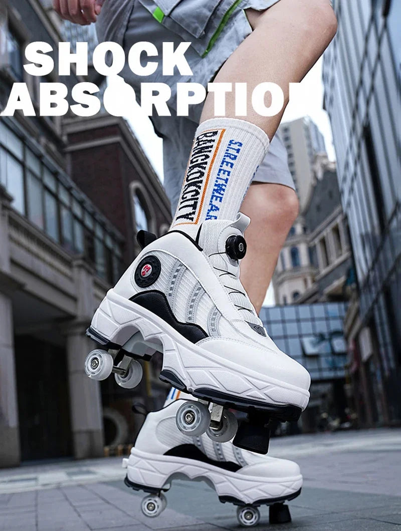 Double Row 4-Wheel Skates Roller Shoes with Wheels Dual-Purpose Racing Roller Sneakers Skateboard Shoes Speed Roller Skate Shoes