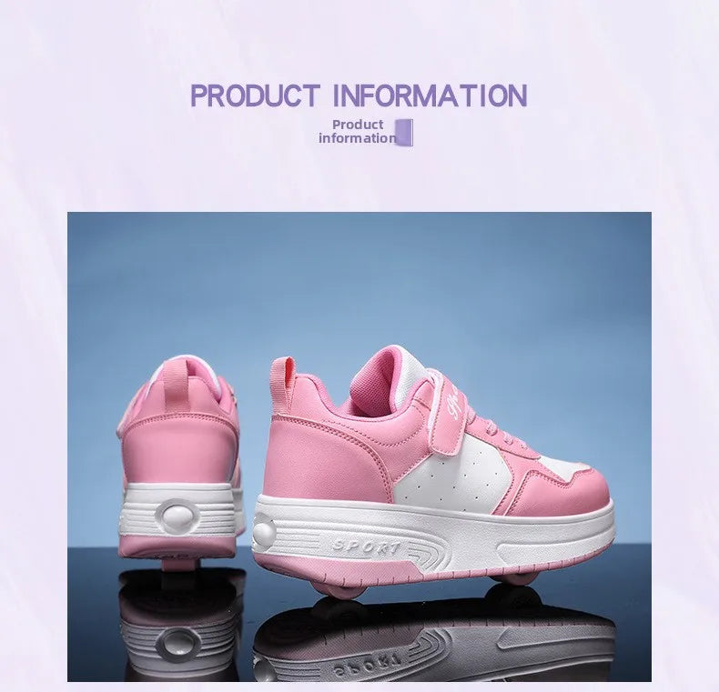 Magic Roller Skates Dual Wheel Slip-on Roller Skating Shoes 2024 New Spring Autumn Leather Surface Sports Shoes For Women Kids