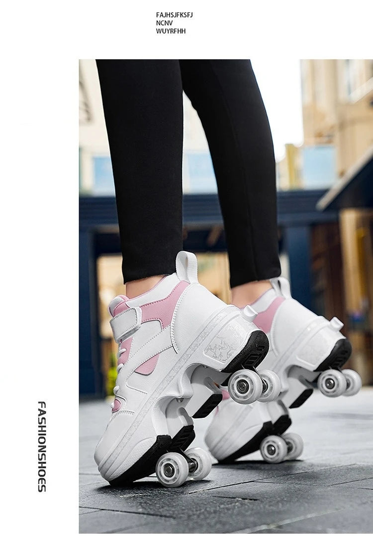 Women's High Top 4 Wheel Roller Shoes Fashionable Unisex Automatic Pop-up Sneakers With Wheels Dual-purpose Skating Casual Shoes