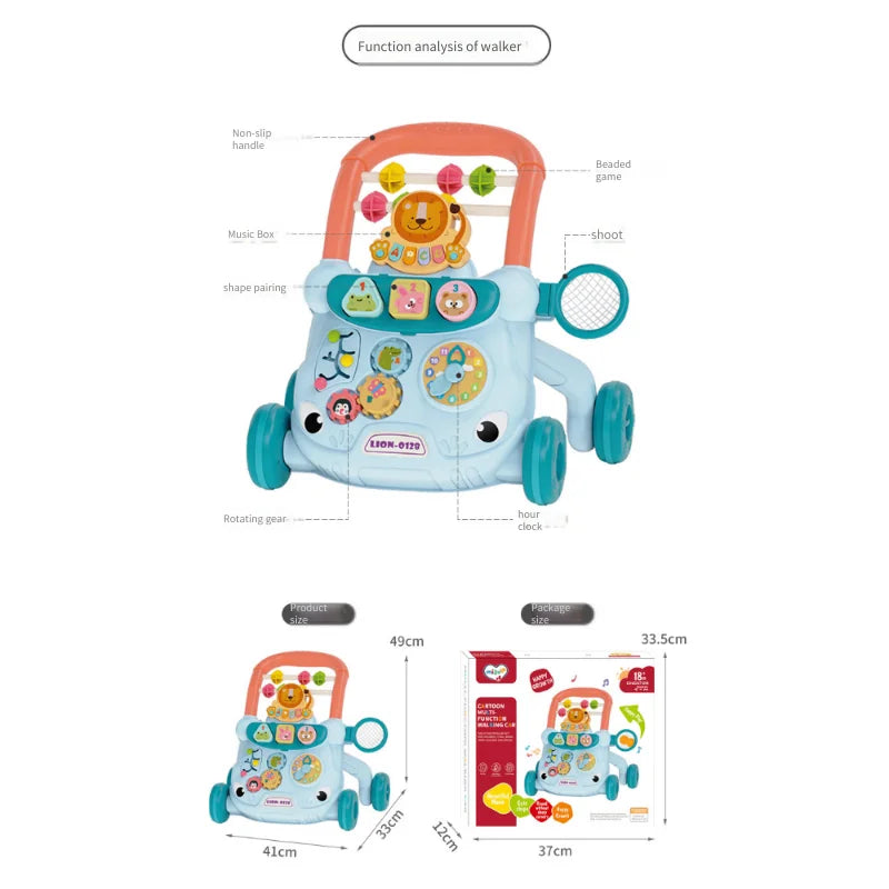 Baby Walker Toy Infant Music Learning Walking Trainer Anti-Tip Multifunctional Push Assist Wheels Activity Stroller for Toddlers