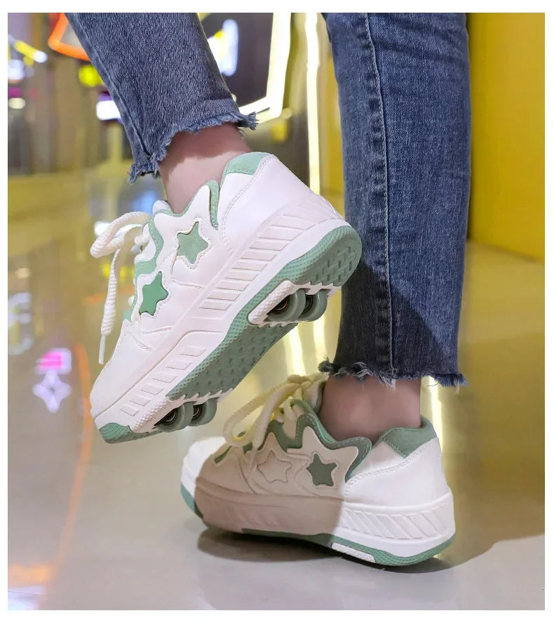 Removable Pulley Skate Skating Roller Skate Shoes for Boys Girls Upgraded Speed Sneakers with 4-Wheels for Kids Racing Skates