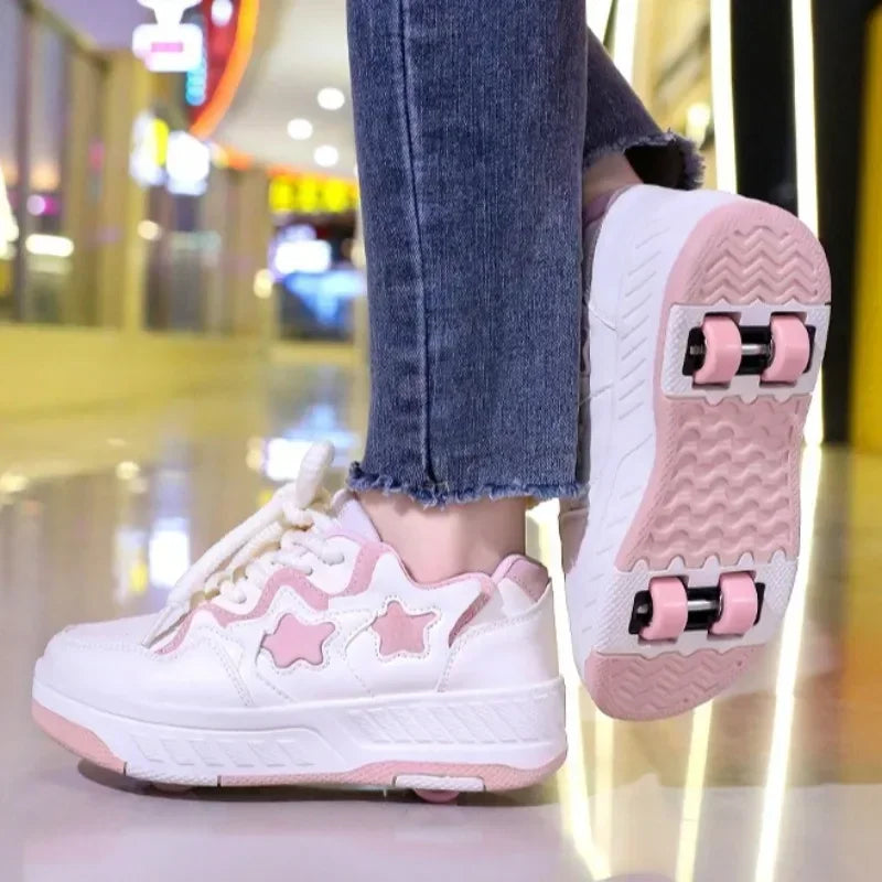 Removable Pulley Skate Skating Roller Skate Shoes for Boys Girls Upgraded Speed Sneakers with 4-Wheels for Kids Racing Skates