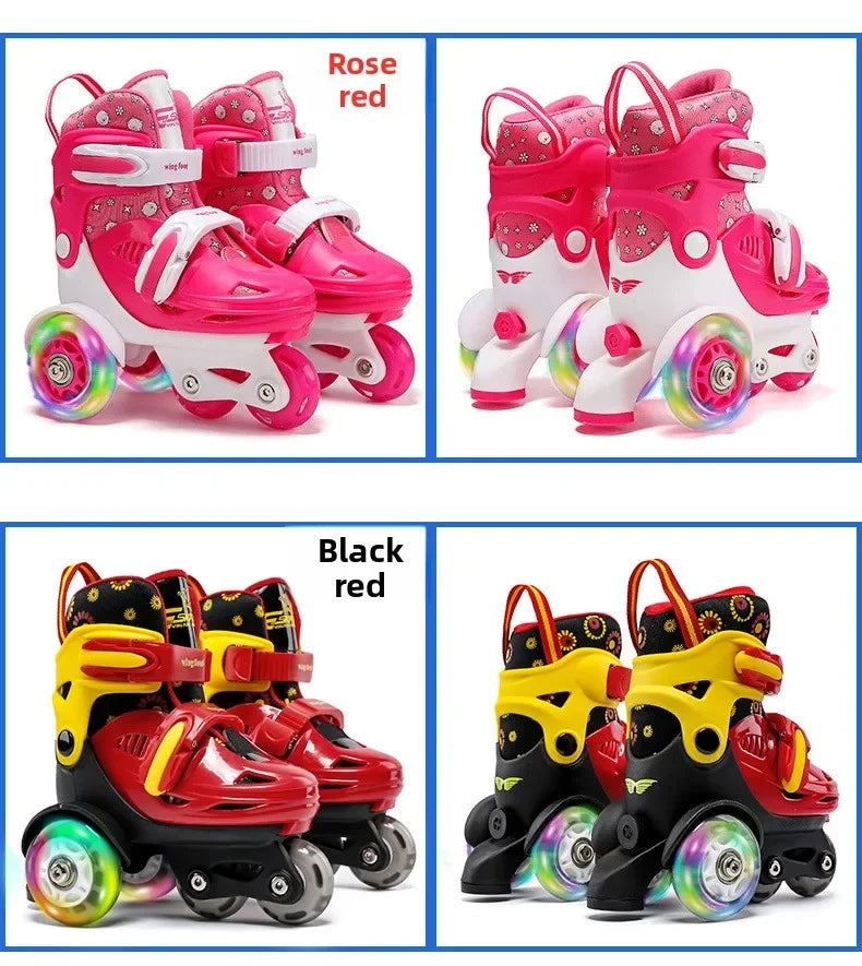 Flash Double Row Roller Skates Shoes Children's Speed Ice Skates Beginner 4-wheel Roller Skates Adjustable Size Rollers for Kids