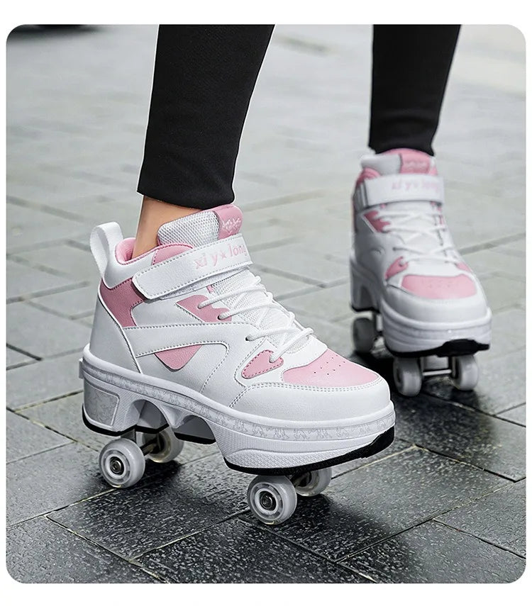 Women's High Top 4 Wheel Roller Shoes Fashionable Unisex Automatic Pop-up Sneakers With Wheels Dual-purpose Skating Casual Shoes