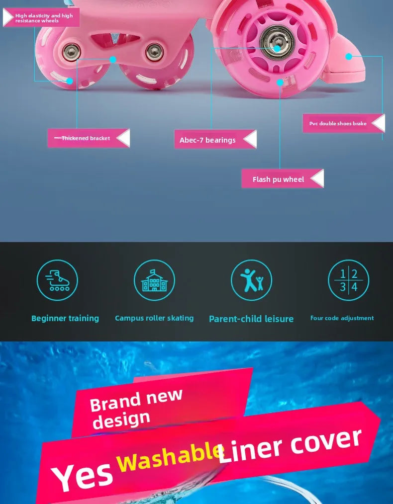 Flash Double Row Roller Skates Shoes Children's Speed Ice Skates Beginner 4-wheel Roller Skates Adjustable Size Rollers for Kids