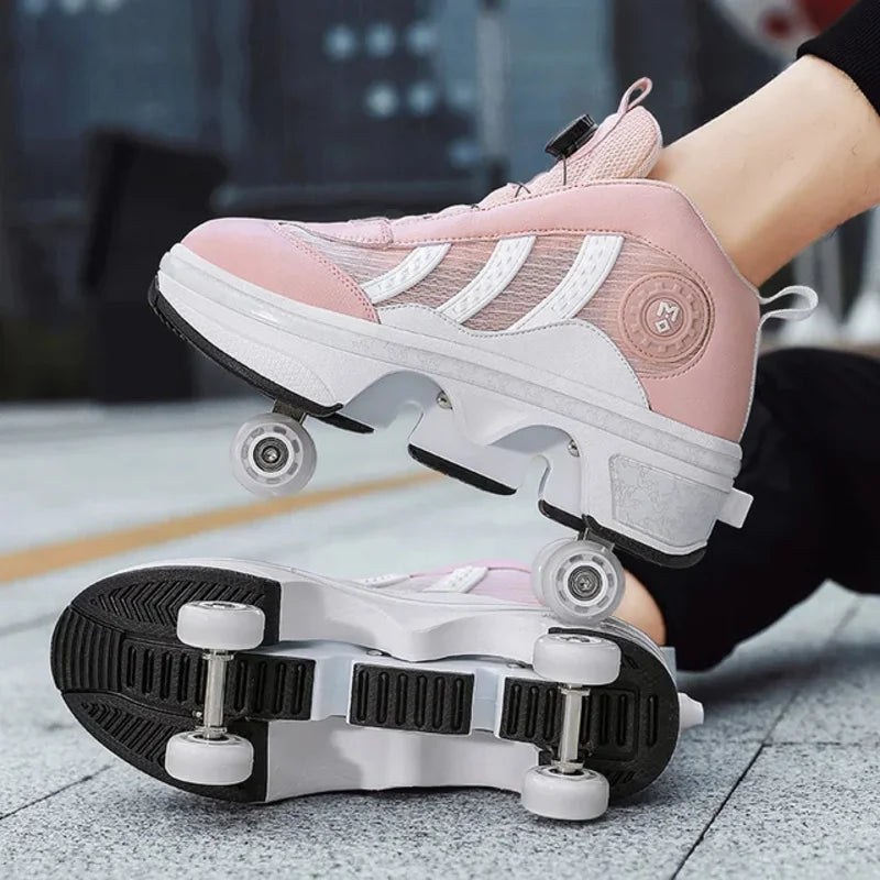 Double Row 4-Wheel Skates Roller Shoes with Wheels Dual-Purpose Racing Roller Sneakers Skateboard Shoes Speed Roller Skate Shoes