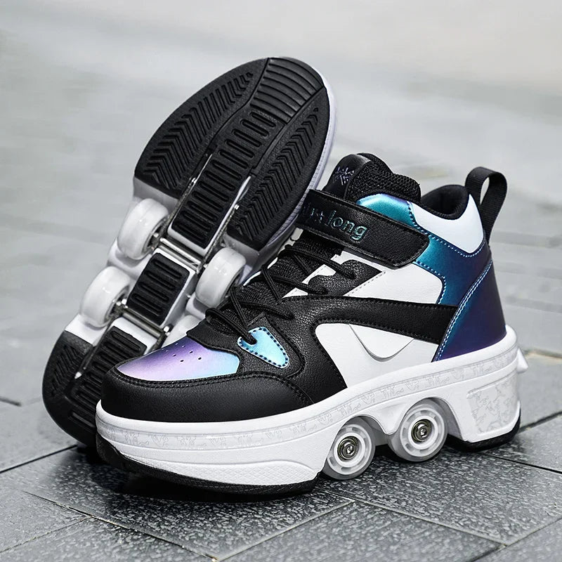 Women's High Top 4 Wheel Roller Shoes Fashionable Unisex Automatic Pop-up Sneakers With Wheels Dual-purpose Skating Casual Shoes
