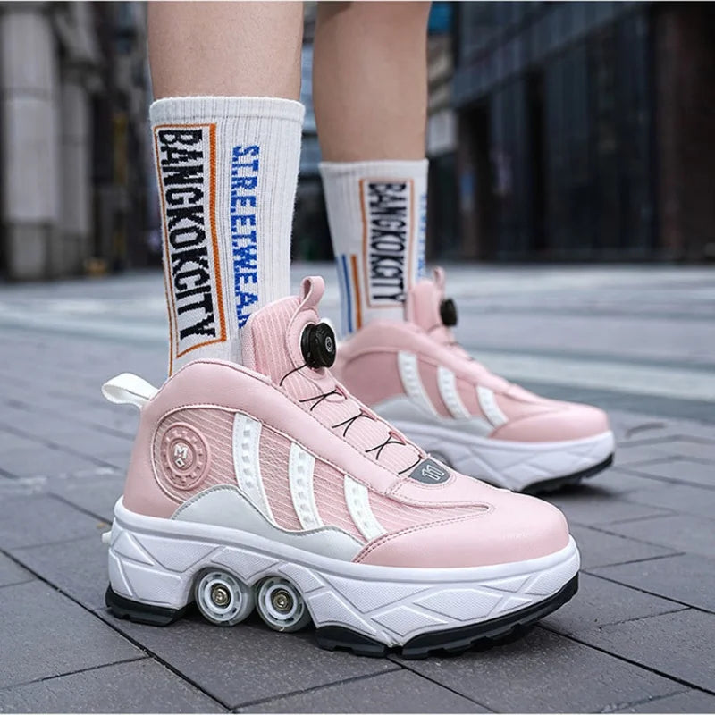 Double Row 4-Wheel Skates Roller Shoes with Wheels Dual-Purpose Racing Roller Sneakers Skateboard Shoes Speed Roller Skate Shoes