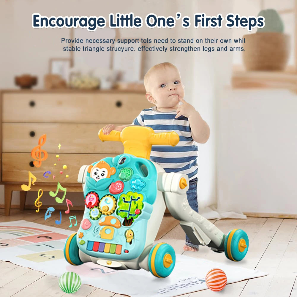 Versatile 5-in-1 Design Baby Walker Portable Toddler Trolley with Toys  6-12 Months Sit-to-Stand Learning Walker