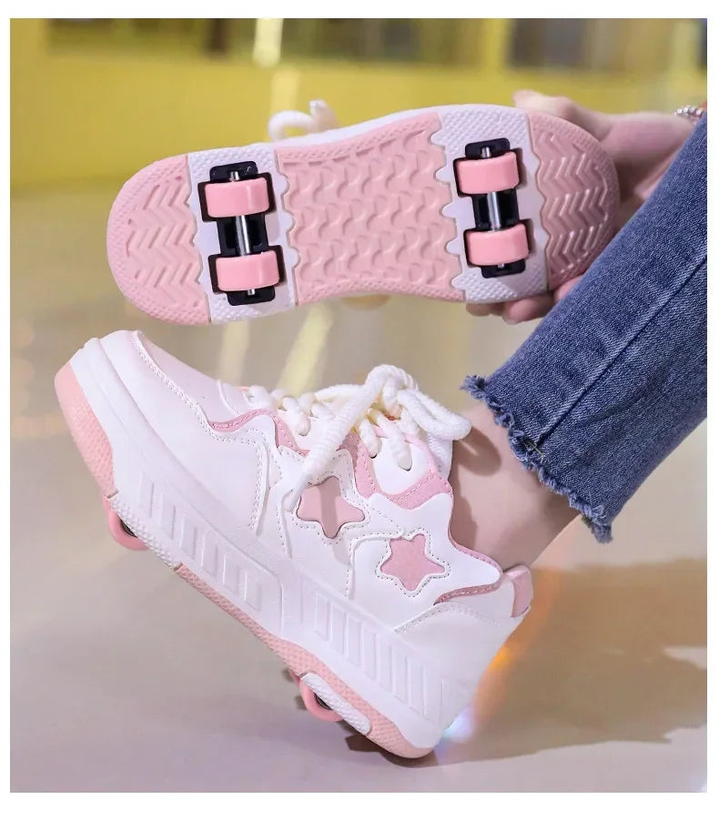 Removable Pulley Skate Skating Roller Skate Shoes for Boys Girls Upgraded Speed Sneakers with 4-Wheels for Kids Racing Skates