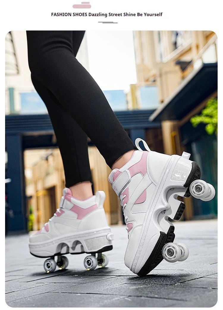 Women's High Top 4 Wheel Roller Shoes Fashionable Unisex Automatic Pop-up Sneakers With Wheels Dual-purpose Skating Casual Shoes