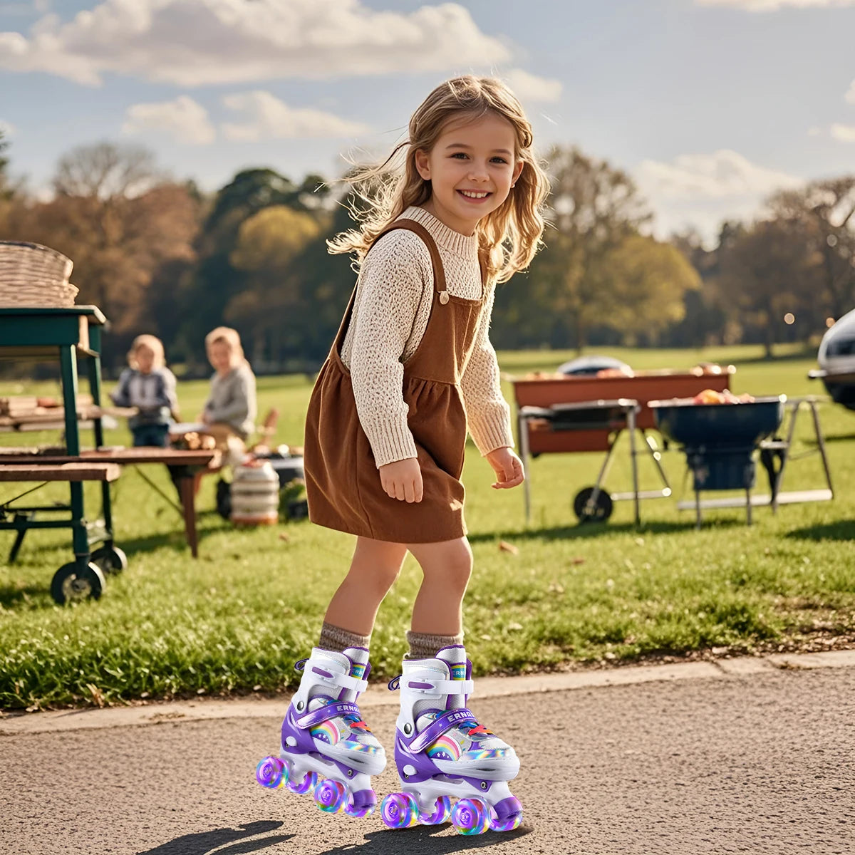 Boys Girls Kids Skates Children Roller Skates Skating Shoes PU Flashing 4 Wheels Roller Skates Sliding Adjustable Quad Sneakers